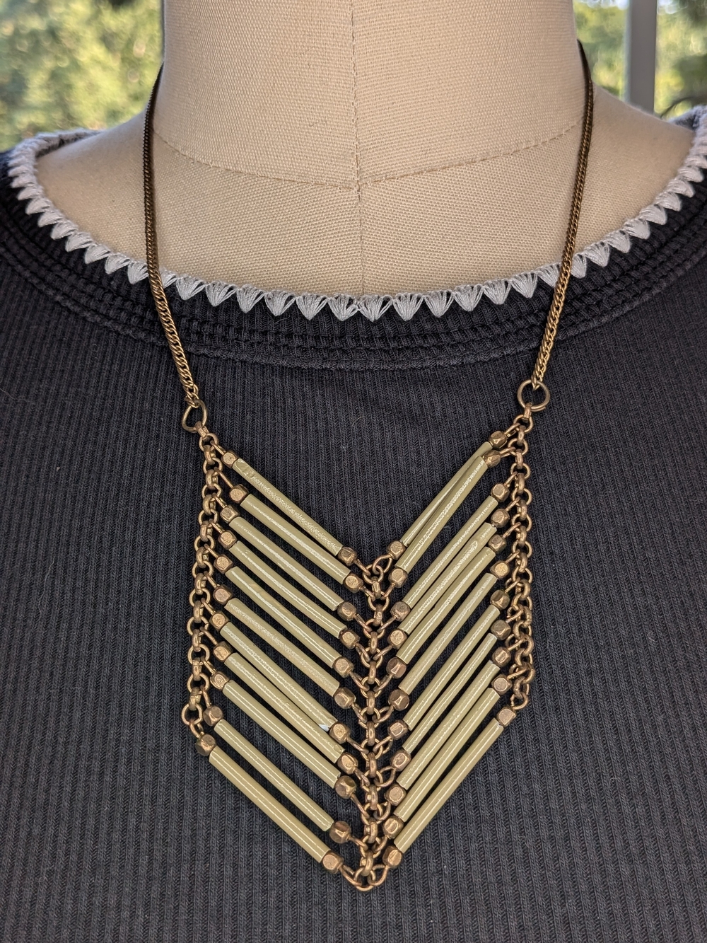 ZAD Antique Brass Olive Green Chevron Bugle Bead Bib Statement Necklace